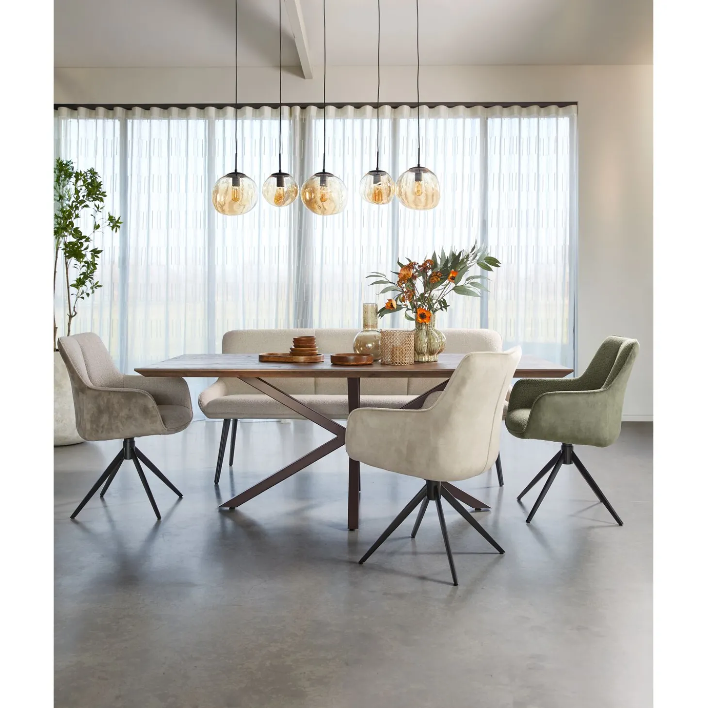 Eetkamerbank Ceno 190 cm combi stof lichtbruin