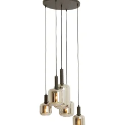 Hanglamp Trecate Mat zwart smoke glas 5-lichts rond
