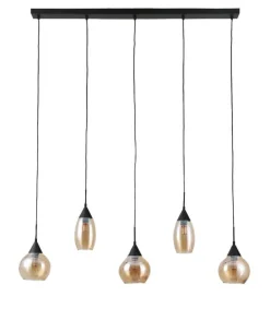 Hanglamp zwart Amber glas 5-lichts - Lungo