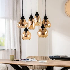 Hanglamp zwart Amber glas 6-lichts - Lungo
