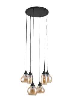 Hanglamp zwart Amber glas 6-lichts - Lungo