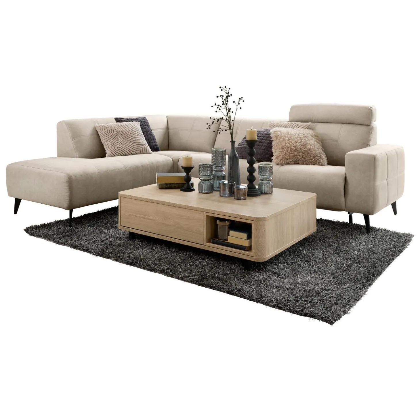 Hoekbank links Piorino Pocketvering lichtgrijs relaxfunctie