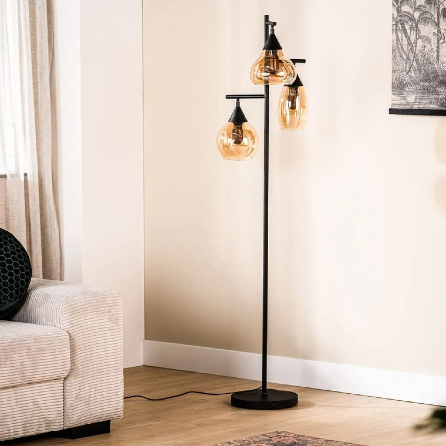 Vloerlamp zwart Amber glas 3-lichts - Lungo