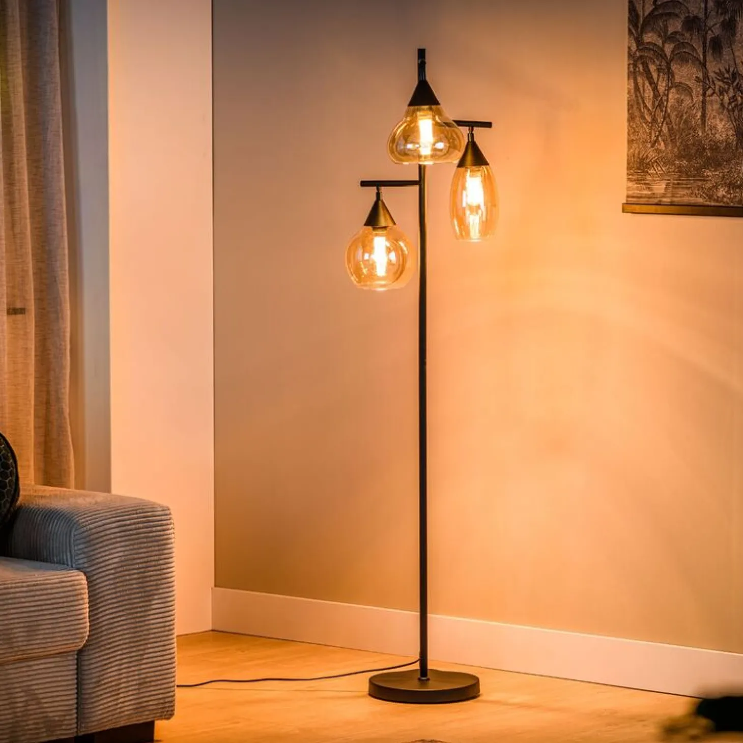 Vloerlamp zwart Amber glas 3-lichts - Lungo